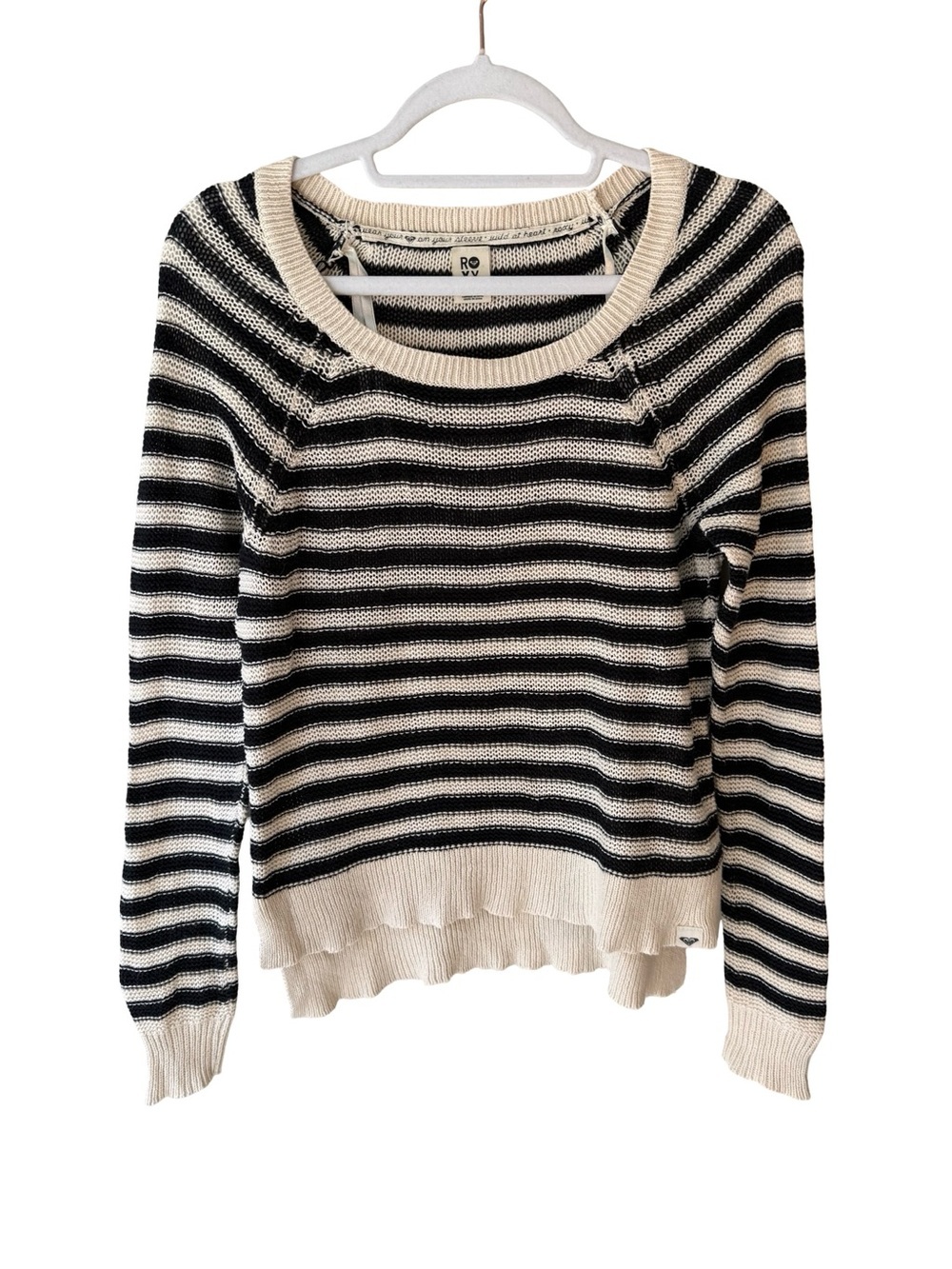 Roxy Black and Cream Striped Crewneck Sweater Size M Beach Coastal Lightweight - Picture 2 of 16